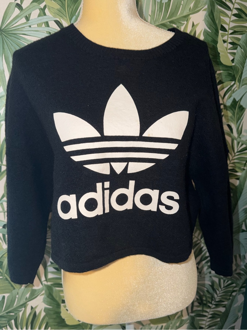 adidas Black Cropped Trefoil Wool Sweater with White Logo Small - Picture 3 of 8